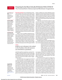 The Potential Role of Extracorporeal Membrane Oxygenation