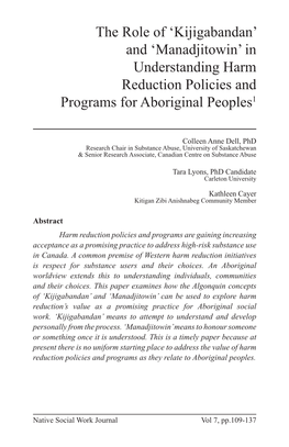 In Understanding Harm Reduction Policies and Programs for Aboriginal Peoples1