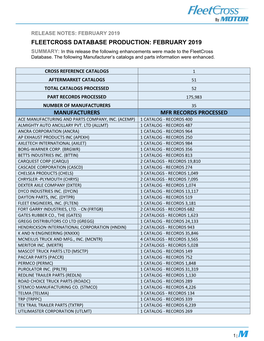 FLEETCROSS DATABASE PRODUCTION: FEBRUARY 2019 SUMMARY: in This Release the Following Enhancements Were Made to the Fleetcross Database