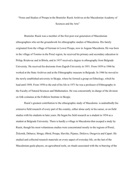 “Notes and Studies of Prespa in the Branislav Rusic Archoves at The