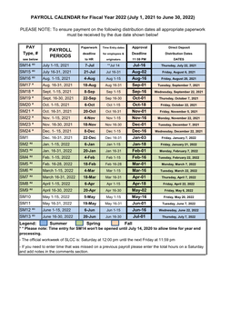 PAYROLL PERIODS PAYROLL CALENDAR for Fiscal Year 2022