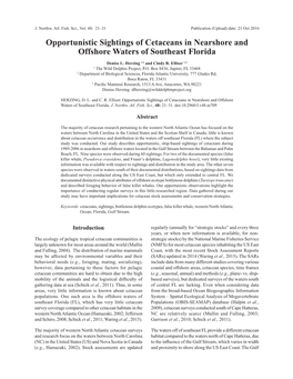 Opportunistic Sightings of Cetaceans in Nearshore and Offshore Waters of Southeast Florida