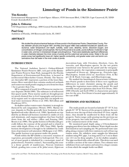 Limnology of Ponds in the Kissimmee Prairie