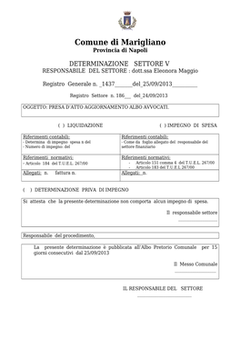 DETERMINAZIONE SETTORE V RESPONSABILE DEL SETTORE : Dott.Ssa Eleonora Maggio