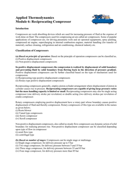 Applied Thermodynamics Module 6: Reciprocating Compressor