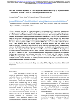 Lncrna Mediated Hijacking of T-Cell Hypoxia Response Pathway by Mycobacterium Tuberculosis Predicts Latent to Active Progression in Humans