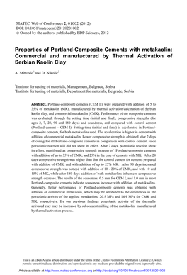 Properties of Portland-Composite Cements with Metakaolin: Commercial and Manufactured by Thermal Activation of Serbian Kaolin Clay