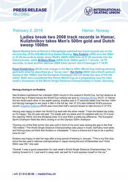 Ladies Break Two 2008 Track Records in Hamar, Kulizhnikov Takes Men's 500M Gold and Dutch Sweep 1000M