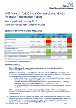 NHS Vale of York Clinical Commissioning Group Financial Performance Report