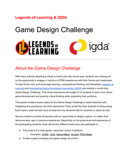 Legends of Learning and IGDA Game Design Challenge Lesson Plans