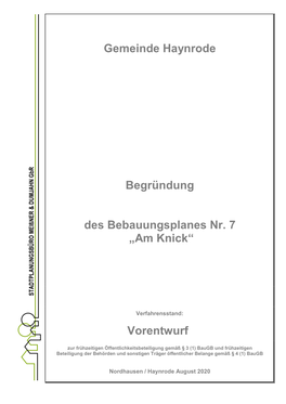 Gemeinde Haynrode Begründung Des Bebauungsplanes Nr. 7 „Am Knick