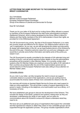 LETTER from the HOME SECRETARY to the EUROPEAN PARLIAMENT BREXIT COORDINATOR Guy Verhofstadt Member of the European Parliament