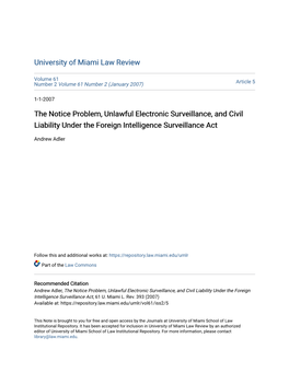 The Notice Problem, Unlawful Electronic Surveillance, and Civil Liability Under the Foreign Intelligence Surveillance Act