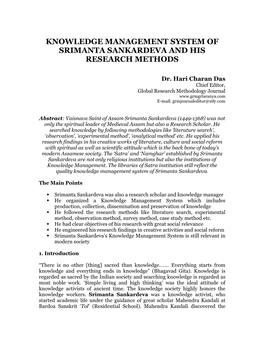 Knowledge Management System of Srimanta Sankardeva and His Research Methods