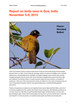 Report on Birds Seen in Goa, India November 5-9, 2013