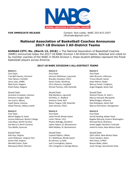 National Association of Basketball Coaches Announces 2017-18 Division I All-District Teams