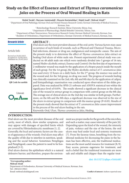 Study on the Effect of Essence and Extract of Thymus Caramanicus Jalas on the Process of Oral Wound Healing in Rats