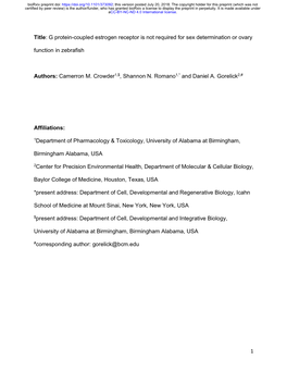 G Protein-Coupled Estrogen Receptor Is Not Required for Sex Determination Or Ovary