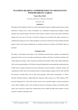 TEACHING READING COMPREHENSION to ADOLESCENTS with DISABILITY LABELS Nancy Rice, Ph.D