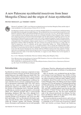 A New Paleocene Nyctitheriid Insectivore from Inner Mongolia (China) and the Origin of Asian Nyctitheriids