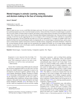 Blaisdell Mental Imagery in Animals Learning Memory and Decision