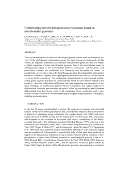 Relationships Between Hexapods and Crustaceans Based on Mitochondrial Genomics