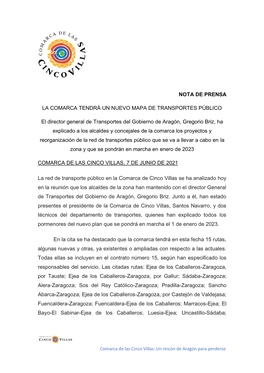 NOTA DE PRENSA LA COMARCA TENDRÁ UN NUEVO MAPA DE TRANSPORTES PÚBLICO El Director General De Transportes Del Gobierno De Arag