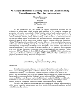 An Analysis of Informal Reasoning Fallacy and Critical Thinking Dispositions Amoung Malaysian Undergraduates