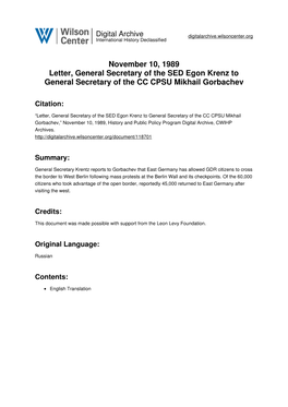 November 10, 1989 Letter, General Secretary of the SED Egon Krenz to General Secretary of the CC CPSU Mikhail Gorbachev