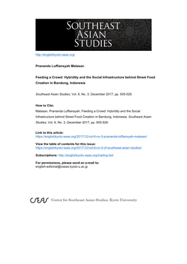 Center for Southeast Asian Studies, Kyoto University Feeding a Crowd: Hybridity and the Social Infrastructure Behind Street Food Creation in Bandung, Indonesia