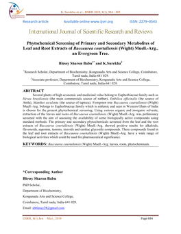 Phytochemical Screening of Primary and Secondary Metabolites of Leaf and Root Extracts of Baccaurea Courtallensis (Wight) Muell.-Arg., an Evergreen Tree