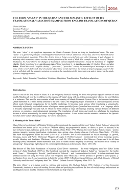 The Term “Zakat” in the Quran and the Semantic Effects of Its Translational Variation Example from English Translations of Quran