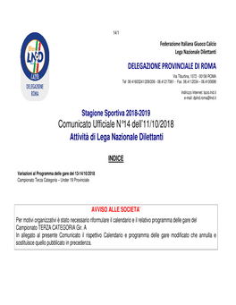 Comunicato Ufficiale N°14 Dell'11/10/2018