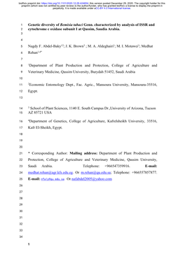 Genetic Diversity of Bemisia Tabaci Genn. Characterized by Analysis of ISSR and 2 Cytochrome C Oxidase Subunit I at Qassim, Saudia Arabia
