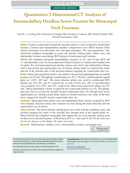 Quantitative 3-Dimensional CT Analyses of Intramedullary Headless Screw Fixation for Metacarpal Neck Fractures