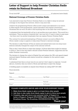 Letter of Support to Help Premier Christian Radio Retain Its National Broadcast