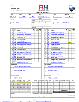 MATCH REPORT Date Time Pool Venue Pitch Match No