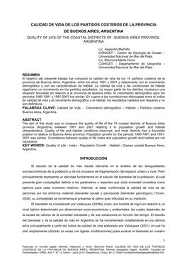 Calidad De Vida De Los Partidos Costeros De La Provincia De Buenos Aires, Argentina Quality of Life of the Coastal Districts of Buenos Aires Province, Argentina