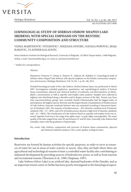 Limnological Study of Serbian Oxbow Shaped Lake Srebrno, with Special Emphasis on the Benthic Community Composition and Structure