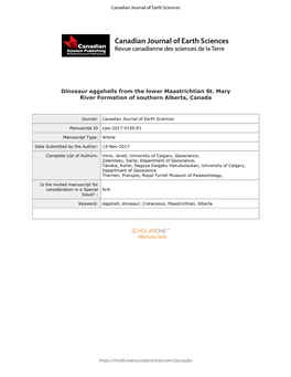 Dinosaur Eggshells from the Lower Maastrichtian St. Mary River Formation of Southern Alberta, Canada