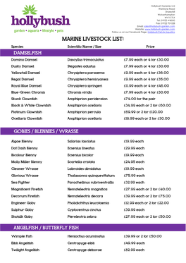 Marine Livestock List