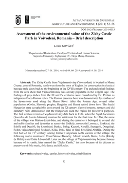 Assessment of the Environmental Value of the Zichy Castle Park in Voivodeni, Romania – Brief Description