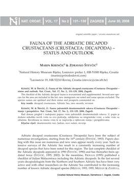 Fauna of the Adriatic Decapod Crustaceans (Crustacea: Decapoda) – Status and Outlook