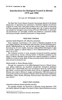 Introductions for Biological Control in Hawaii: 1979 and 1980