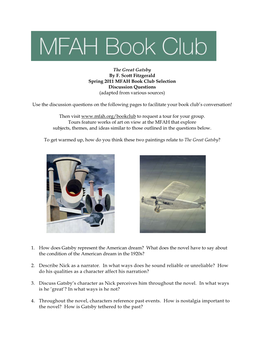 The Great Gatsby by F. Scott Fitzgerald Spring 2011 MFAH Book Club Selection Discussion Questions (Adapted from Various Sources)