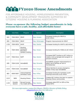 CHAPA FY2020 House Budget Amendments