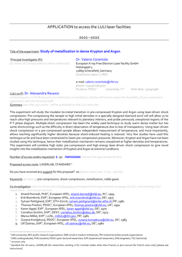 APPLICATION to Access the LULI Laser Facilities 2021 –2022