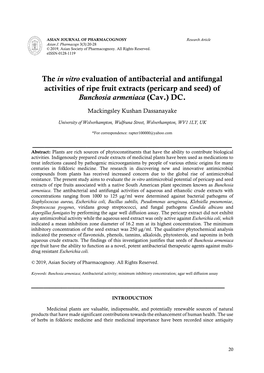 The in Vitro Evaluation of Antibacterial and Antifungal Activities of Ripe Fruit Extracts (Pericarp and Seed) of Bunchosia Armeniaca (Cav.) DC