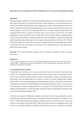 Indus Waters Treaty and Resolution of Water Conflicts Between Two Nuclear Nations (Pakistan and India)