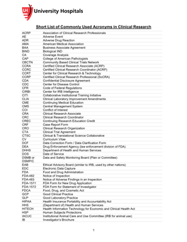 Short List of Commonly Used Acronyms in Clinical Research